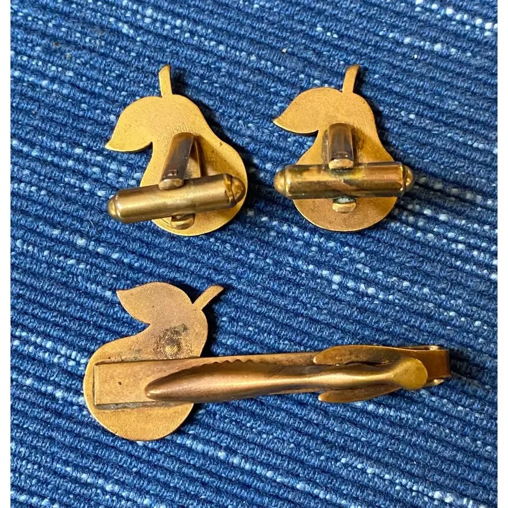 Vintage Tie Bar Clip Yellow Enamel Pear Cufflink Set 49B